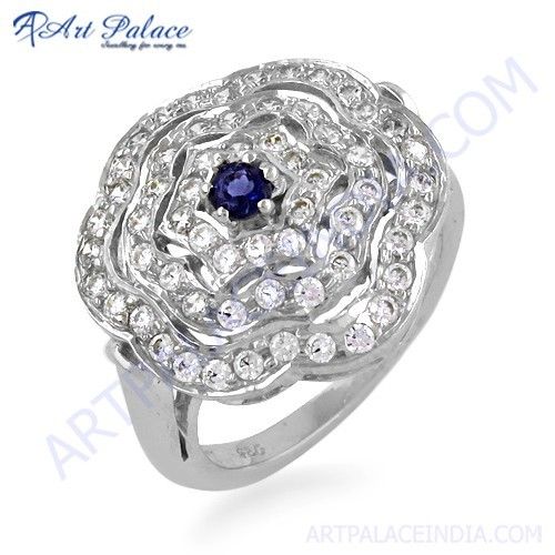 Beautiful Antique Style Cubic Zirconia & Iolite Gemstone Silver Ring