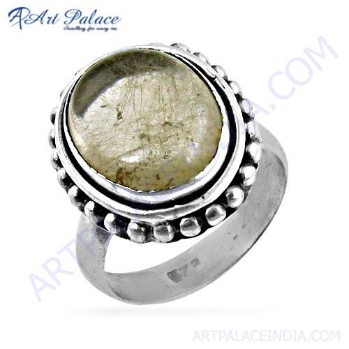 Precious Golden Rutilated Gemstone Silver Ring