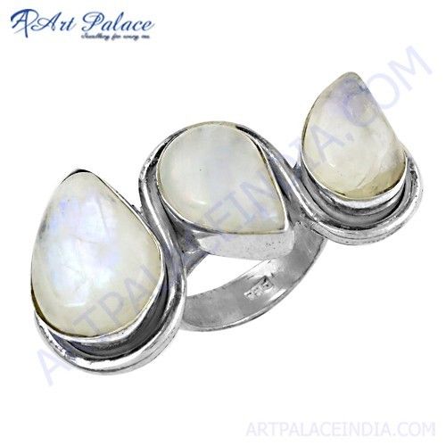 Antique Style Rainbow Moonstone Gemstone Silver Three Stone Ring