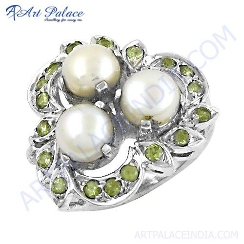 Party Wear Designer Prenite & White Pearl Silver Ring Jewelry