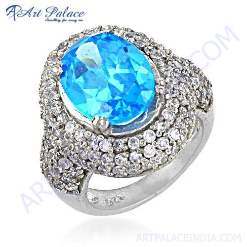 Beautiful Antique Style Cubic Zirconia & Blue Topaz Gemstone Silver Ring