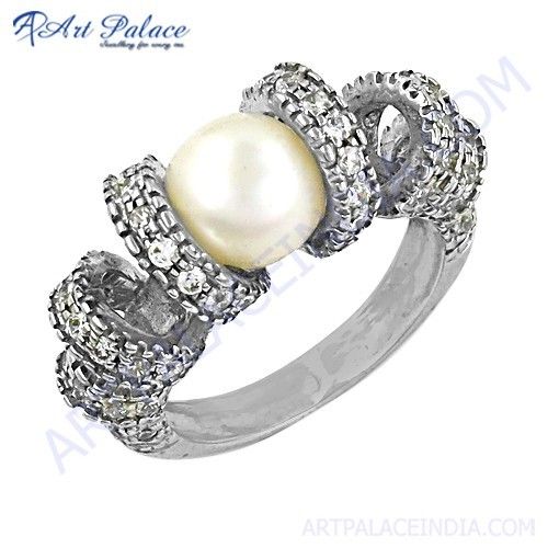 unique Beautiful Cubic Zirconia & Pearl Gemstone Silver Ring