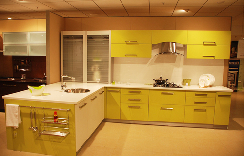 Modern Modular Kitchen - Wood & Metal, Variable Dimensions, Yellow | Space Optimization, Stylish Modular Design, Easy Installation