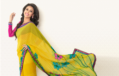 RAB-1107 D.No. 15011_1 - Polyester, 5.5m x 1.1m, Yellow | Floral Print, Elegant Design, Soft Fabric, Comfortable Fit