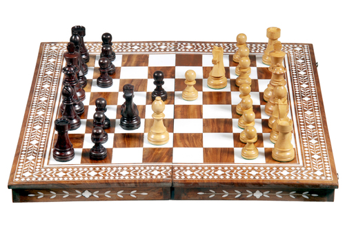 Wooden Inlaid Chess Table Folding - Wood, 16x16 Inches | Elegant Aesthetic, Durable, Polished Finish, 32 Pieces, Portable with Folding Mechanism