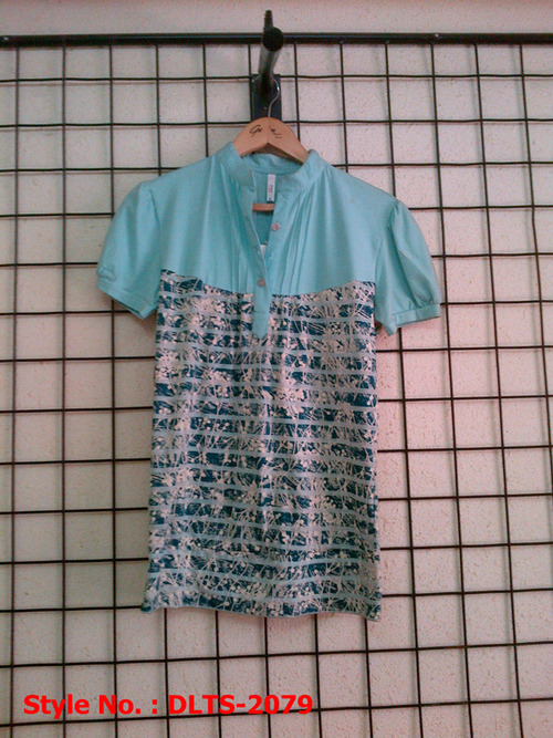 Women Wear - Cotton Blend, S-M-L, Aqua | Stylish Design, Soft Fabric, Comfortable Fit, Durable Material, Easy to Wash, Trendy Style, Versatile Wear, Hip Length, Mandarin Collar, Printed, Short Sleeve