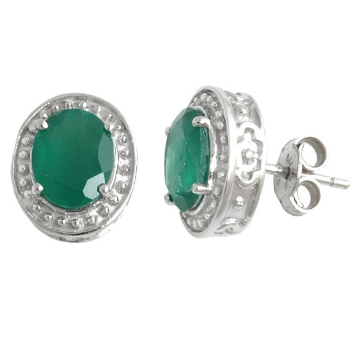 Oval Shaped Green Agate Silver Push Earring Tops  Gender: Women