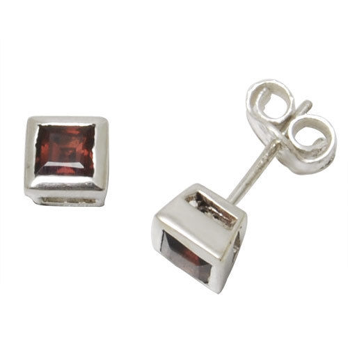 Bezel Set Princess Cut Garnet Gemstone Studs Daily Wear Cute Girls, Red Silver Earring, Studs Earr Gender: Women