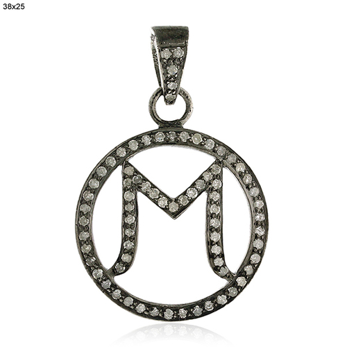 Initial M Charm Pendant - 925 Sterling Silver, 38x25 Mm, 0.89 Ct Pave Diamond, Handcrafted, Oxidized Finish