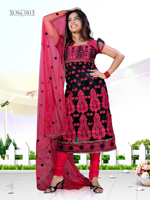 Dressline Salwar Kameez - Net Fabric, Custom Size, Black | Floral Embroidery, Elegant Design, Soft Fabric, Comfortable Fit, Stylish Look, Perfect Stitching, Trendy Style, Durable Material, Knee Length, Half Sleeves