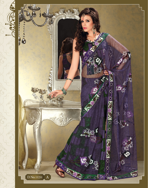 Designer Bollywood Sarees - Net Fabric, 5.5 Meters, Purple | Floral Embroidery, Elegant Design, Comfortable Wear