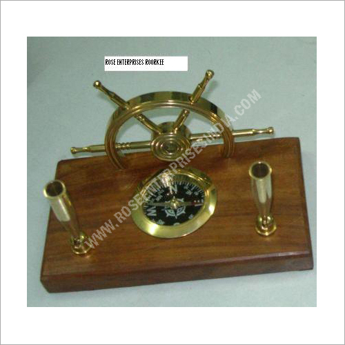 Handmade Brass Nautical Wheel Compass With Pen Holder Stand Compass