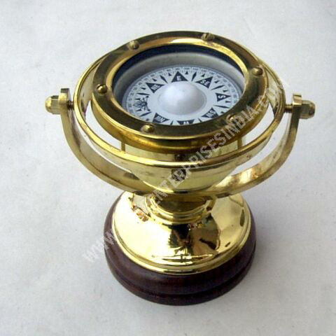 Handmade Nautical Vintage Brass Gimbal Compass With Base