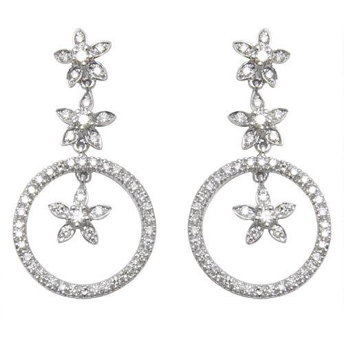 hanging drop diamond white gold with flower in center design, diamond drop earring, hanging jewelry