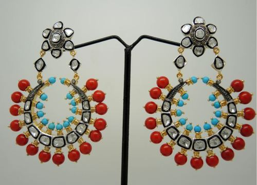 Coral Turquoise Rosecut Diamond Earring Pair