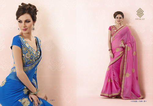 Bridal Embroidered Border Saree - Silk Blend, 5.5 Meters, Pink Blue | Hand Embroidery, Elegant Bridal Design, Perfect Fit