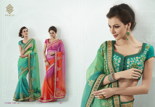 RAB1172D.No.7107A-B - Silk Blend 5.5 Meters Green, Floral Design | Zardozi Embroidery, Soft Fabric, Comfortable Fit