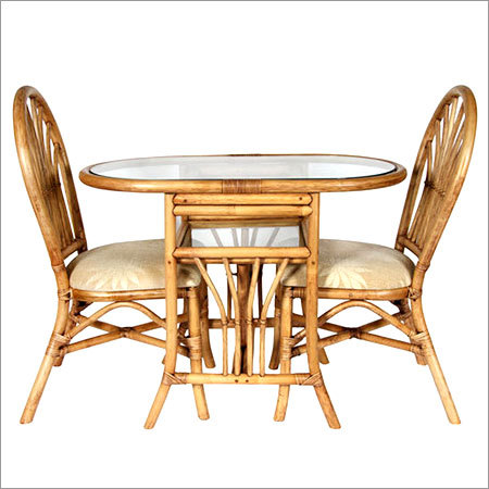 Tea Table Set - Indian Cane Material, 2 Chairs + Oval Glass Top Table, Gala Polish Finish, Homely Style