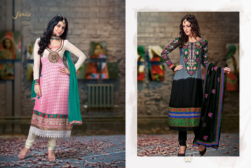 Trendy Salwar Kameez - Georgette, 54 inches, Customizable Size, Black & Pink | Comfortable Fit, Elegant Design, Embroidery Work, Soft Fabric