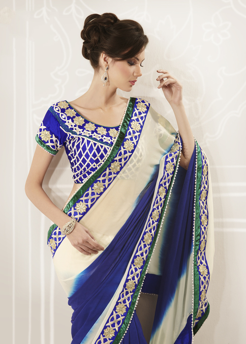 Designer Wedding Wear Saree - Faux Georgette, 6.30 Mtrs, Beige Brown & Navy Blue, Embroidered Patchwork