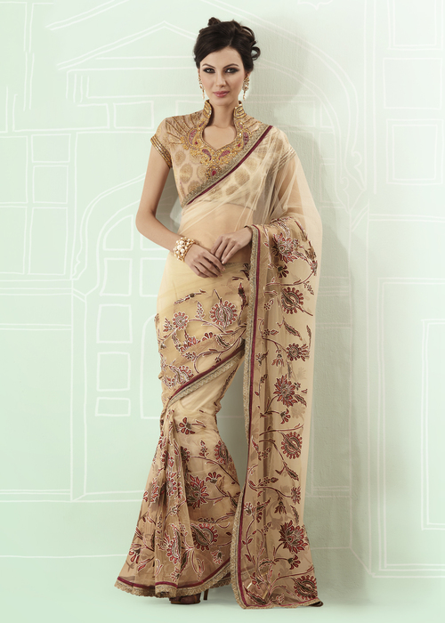 Designer Wedding Wear Saree - Net Fabric, XX-Large Blouse, Beige Brown, 6.30 Mtrs | Embroidered, Patch Work, Party & Traditional Wear