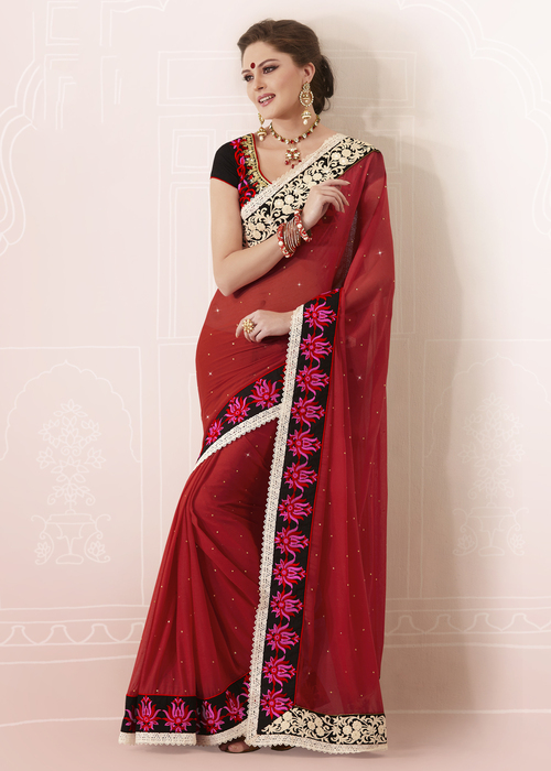 Designer Wedding Wear Saree - Red Faux Georgette, 6.30 Mtrs Saree with XX-Large Blouse 0.80 Mtrs, Embroidered Patch Work, Lace, Resham & Stones