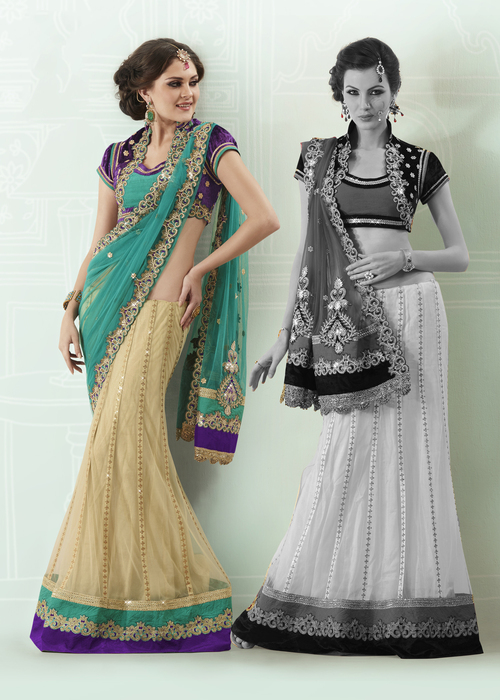 Designer Wedding Wear Saree - Net Fabric, 6.30 Mtrs, Beige Brown & Teal Blue | Embroidered Lace, Resham, Stones, XXL Blouse, Party Wear