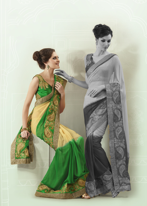 Designer Wedding Wear Saree - Faux Georgette, 6.30 Mtrs, Beige Brown & Bottle Green, Embroidered Patch Work, Lace, Resham, Stones