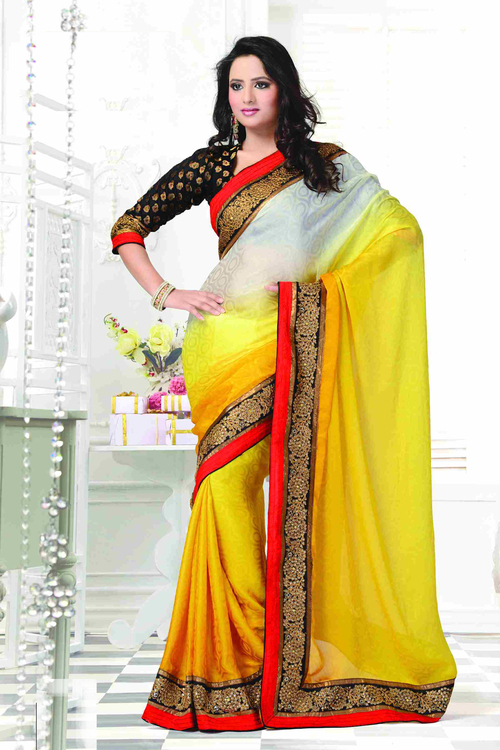 Party Wear Unique Sarees - Chiffon, Jacquard, Silk Saree 6.30 Mtrs, XXL Un-Stitched Blouse 0.80 Mtrs | Patch Work, Zircon Work, Dry Clean
