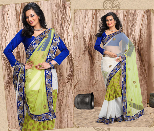 Embroidered Party Wear Saree - Net & Viscose Jacquard, X-Large Blouse, 6.30 Mtrs Saree Length | Printed, Embroidered, Off White & Green, Dry Wash