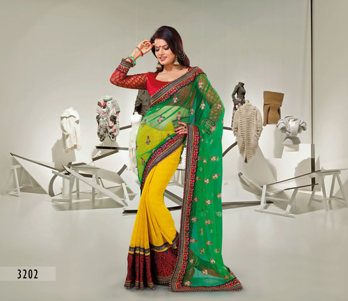 RAB - 1171 D.No. 3202 - Silk Blend, 5.5 Meters, Yellow | Hand-Stitched Embroidery, Elegant Design, Soft Fabric, Vibrant Colors