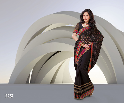 RAB - 1185 D.No. 3328 - Silk, 5.5m Length, Black | Elegant Traditional Design, Soft Fabric, Comfortable Fit