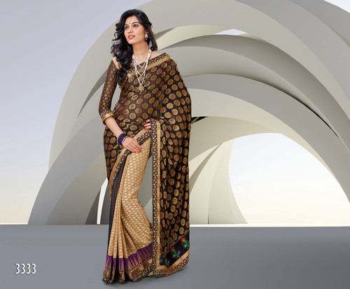 RAB - 1185 D.No. 3333 - Silk Blend, 5.5 Meters, Brown | Elegant Design, Embroidered, Soft Fabric, Stylish Drape, Comfortable Fit
