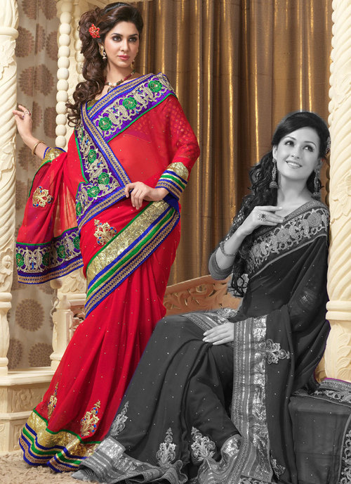 Embroidered Party Wear Saree - Faux Georgette, XX-Large Blouse, Red, 6.30 Mtrs | Zircon, Stone, Lace, Resham Work