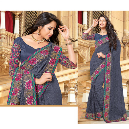 Unique Embroidered Sarees - Brasso, Net Fabric, Dupion Silk Blouse XX-Large (44), 6.30 Mtrs Saree Length | Printed, Patch & Zircon Work, Party & Festival Wear, Ready to Ship