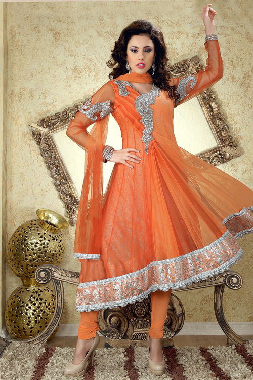 Stylish Ready Made Salwar Kameez - Net Fabric, Santoon Bottom, Chiffon Dupatta, Orange, Sizes 34-44, Embroidered, Full Sleeves, Party Wear