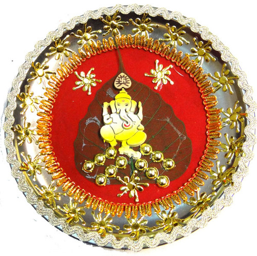 New Pooja Thali - Fabric & Metal, 12 inches Diameter, Red Color, Embellished Design | Elegant, Durable, Intricate Patterns, Perfect Gift
