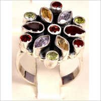 Artificial Finger Rings - Silver, Adjustable, Black | Elegant Floral Design, Mixed Stones, Fine Finish