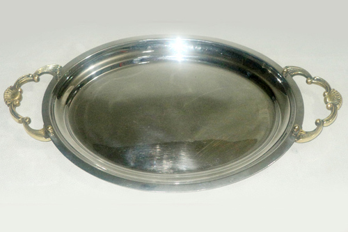 Serving Tray - Stainless Steel 12 Inch Diameter, Brass Handles | Durable, Elegant Design, Easy Cleaning, Large Capacity, Comfortable Handles