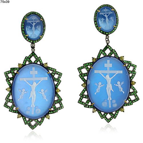 Tsavorite Gemstone Cameo Earrings Jewelry 