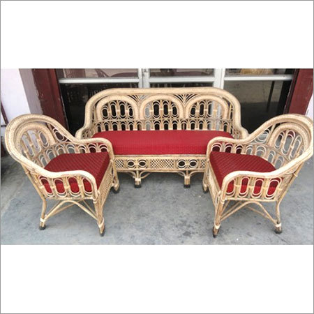 Sofa Set - Indian Cane, 2 Arm Chairs + 1 Three Seater + Center Table, Vintage Style, Gala Polish, Glossy Finish, Cushioned