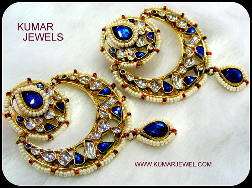 Costume Kundan Earrings - Gold-Plated, 2x3 Inches, Royal Blue | Elegant Dangling Design, Pearl Accents, Party Wear
