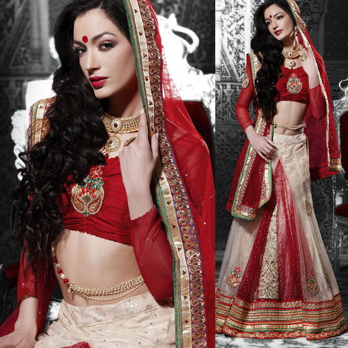 Heavy Work Lehnga Choli - Silk Blend, Red, Custom Size | Gold Thread Embroidery, Elegant Design, Comfortable Fit