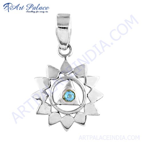 Wholesale Handmade Blue Cubic Zirconia Gemstone Silver Pendant