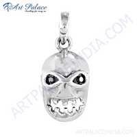 Skrull Shape Gemstone Silver Pendant With Black Onyx - 925 Sterling Silver, 35x20mm, Black And Silver, Bezel Set, Handmade