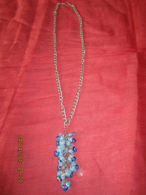 Necklace - Metal Glass 18 Inches Blue, Lobster Clasp, Elegant Stylish Cluster Pendant