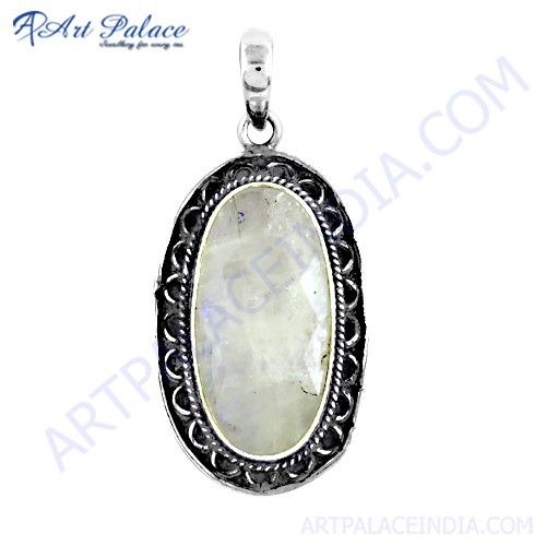 Feminine Unique Designer Rainbow Moonstone Silver Pendant