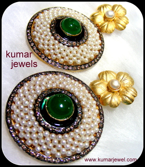 ROUND BEADED EARRING - Silver Alloy 25mm, Gold Plated, Black Rhodium Coating, Freshwater Pearls, Green Stone, Lightweight Party Wear