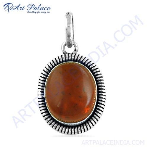 Indian Touch Amber Gemstone Silver Pendant, 925 Sterling Silver Jewelry