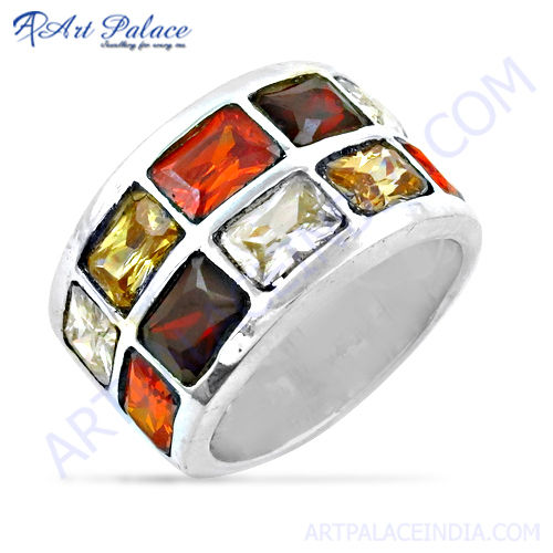 Rocking Multi Color CZ Gemstone Silver Ring